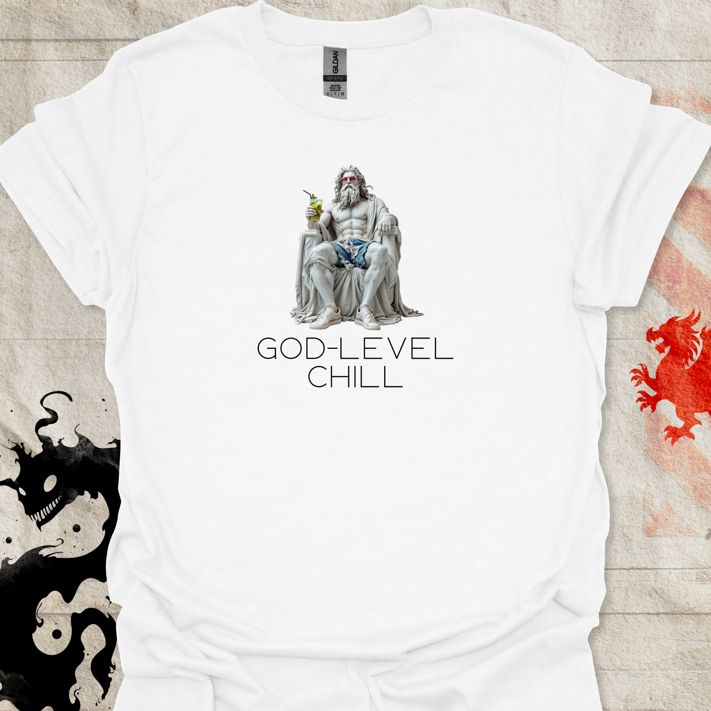 White Shirt of Marble statue of greek god with the text God-Level Chill