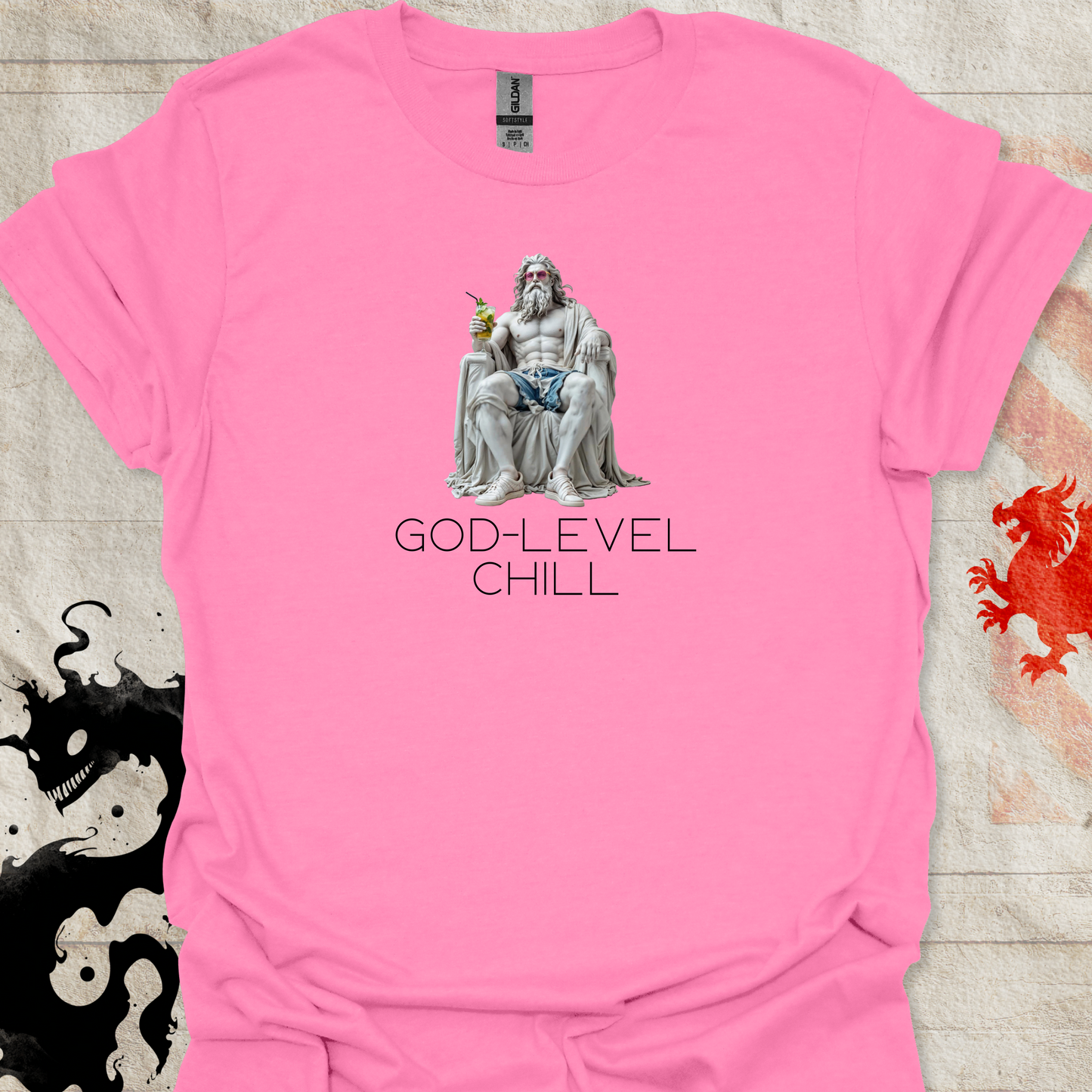 Azalea Pink Shirt of Marble statue of greek god with the text God-Level Chill