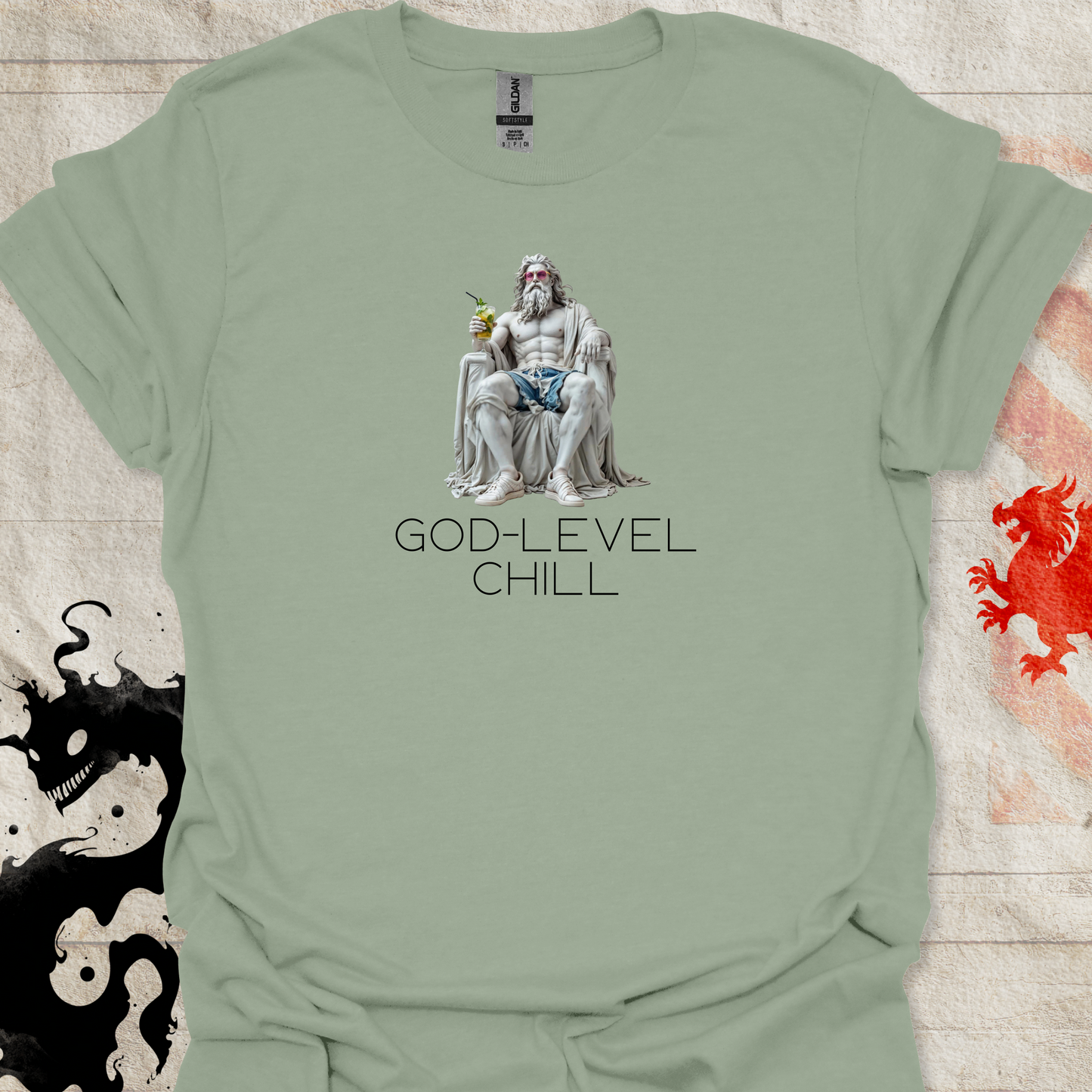 Sage Green Shirt of Marble statue of greek god with the text God-Level Chill