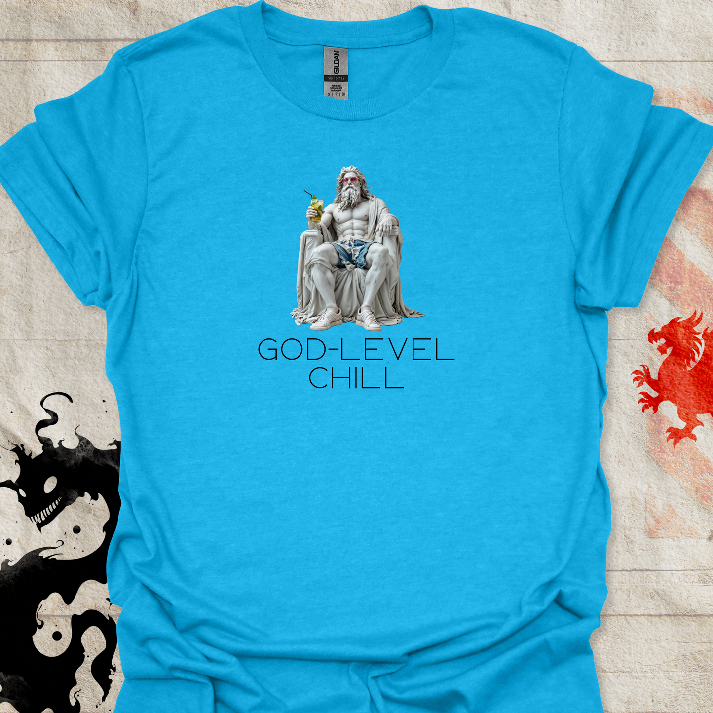 Sapphire Blue Shirt of Marble statue of greek god with the text God-Level Chill