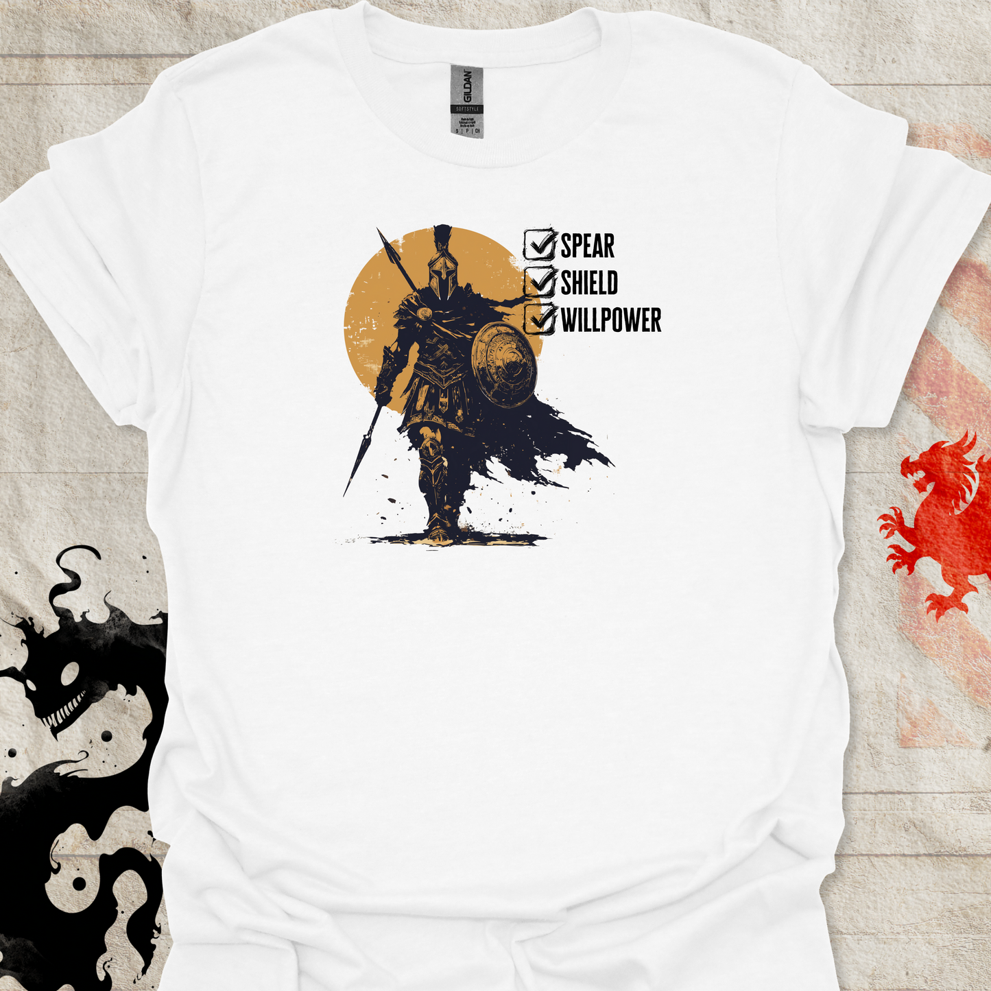 White tshirt of Spartan Warrior and the text "Spear. Shield. Willpower" with checkboxes