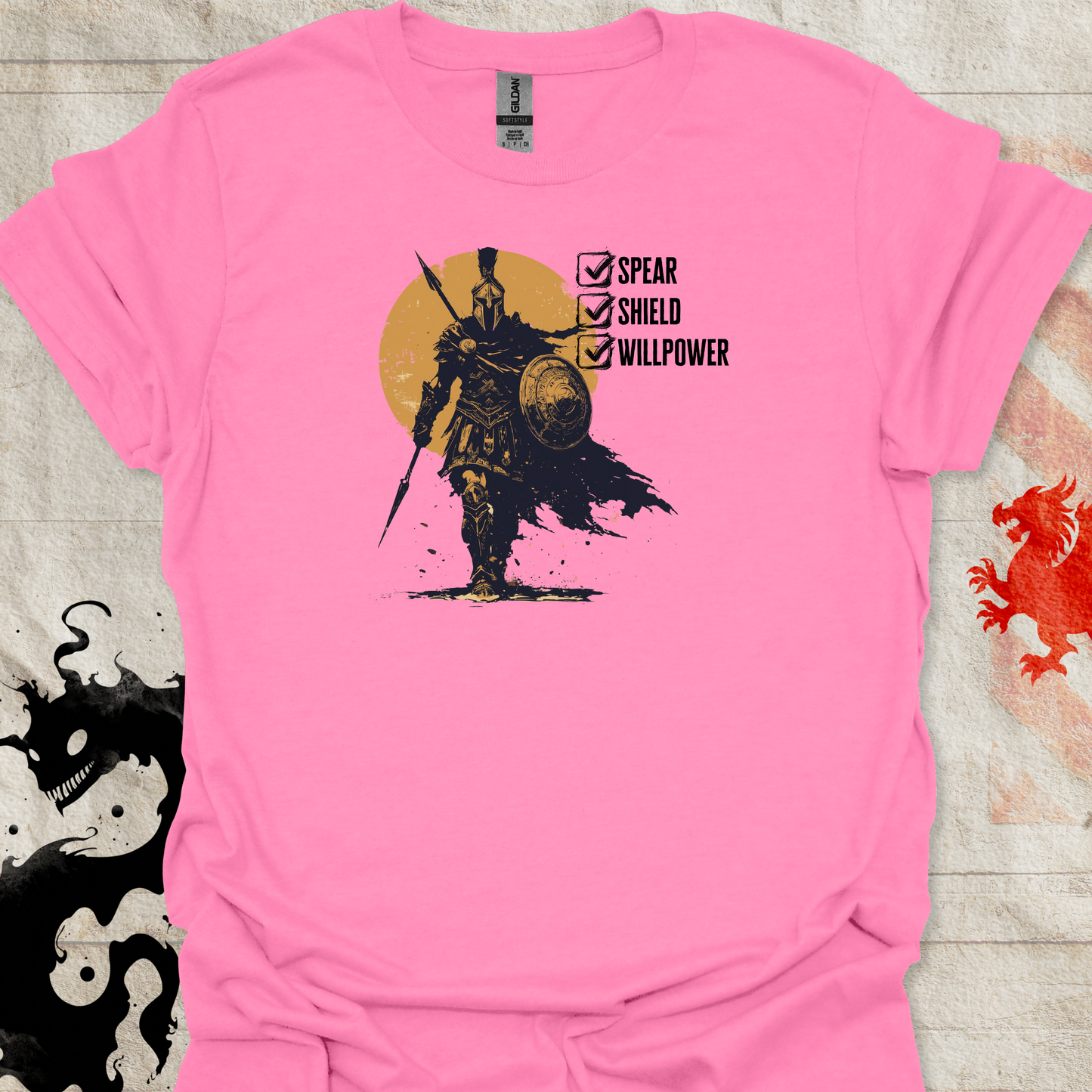 Azalea Pink tshirt of Spartan Warrior and the text "Spear. Shield. Willpower" with checkboxes