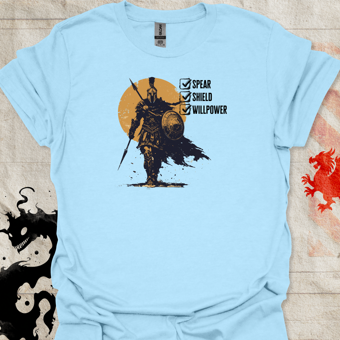 Light blue tshirt of Spartan Warrior and the text "Spear. Shield. Willpower" with checkboxes