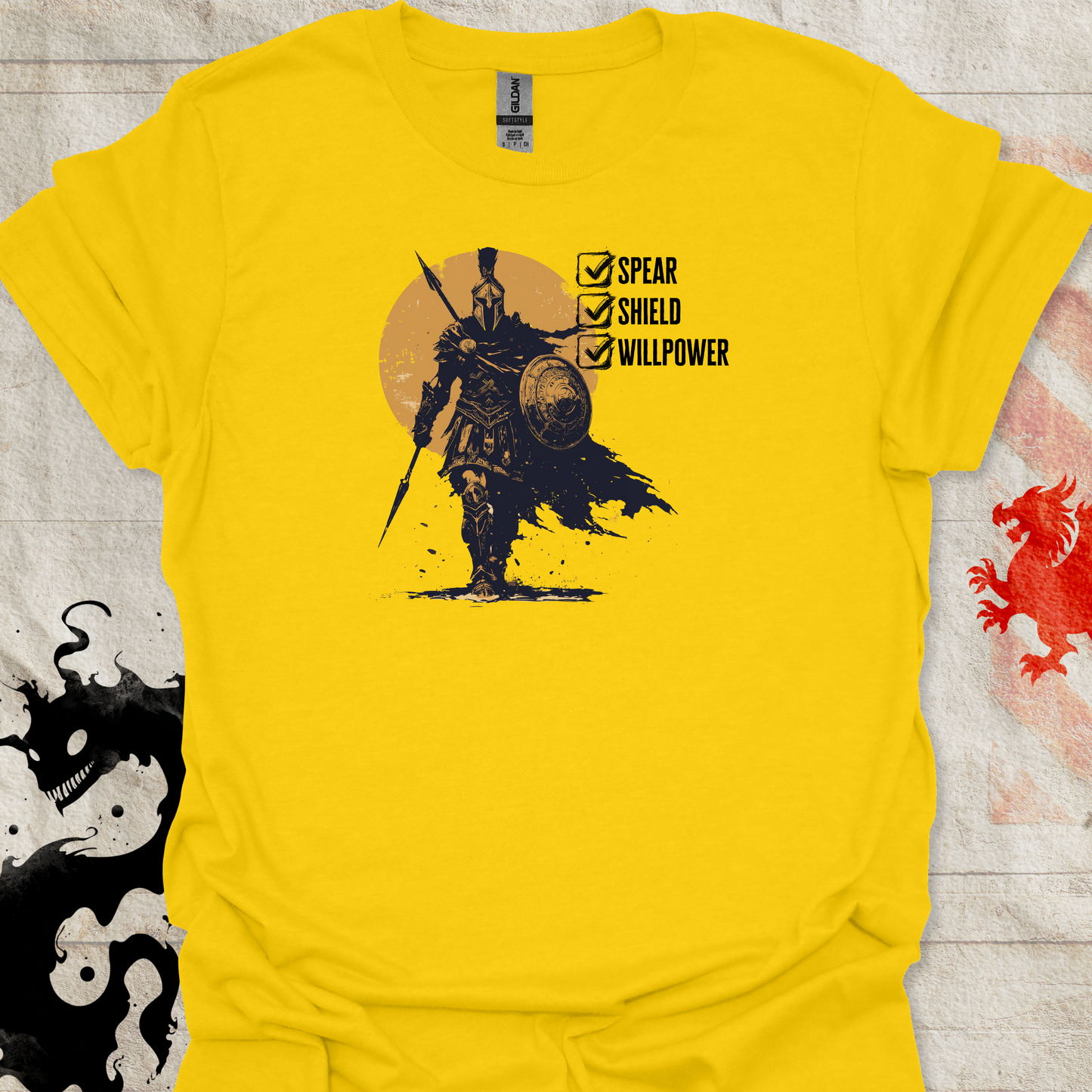 Daisy Yellow tshirt of Spartan Warrior and the text "Spear. Shield. Willpower" with checkboxes
