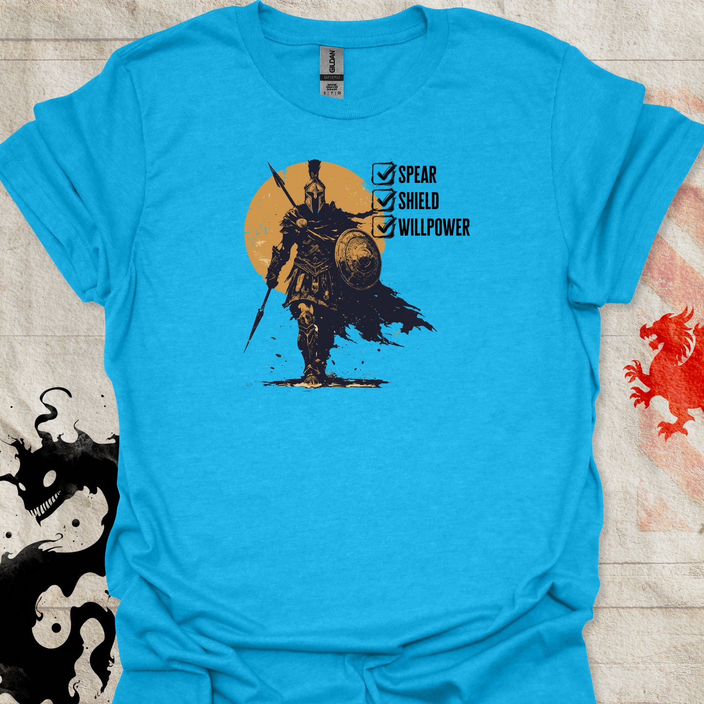 Sapphire blue tshirt of Spartan Warrior and the text "Spear. Shield. Willpower" with checkboxes