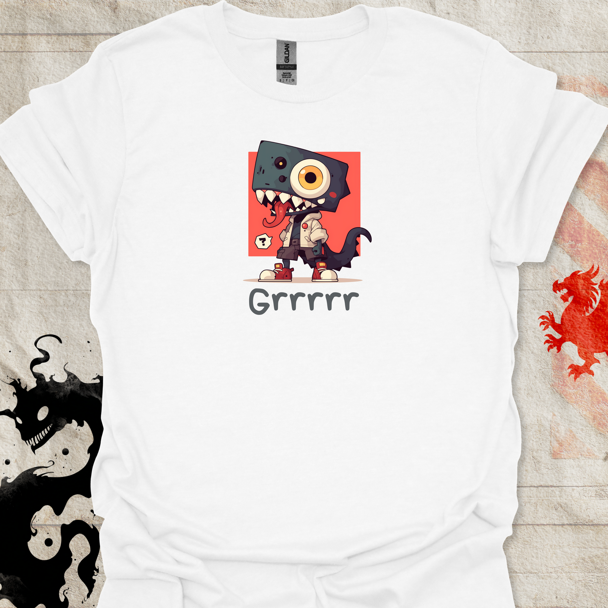 White Shirt of cute monster with the text Grrrr