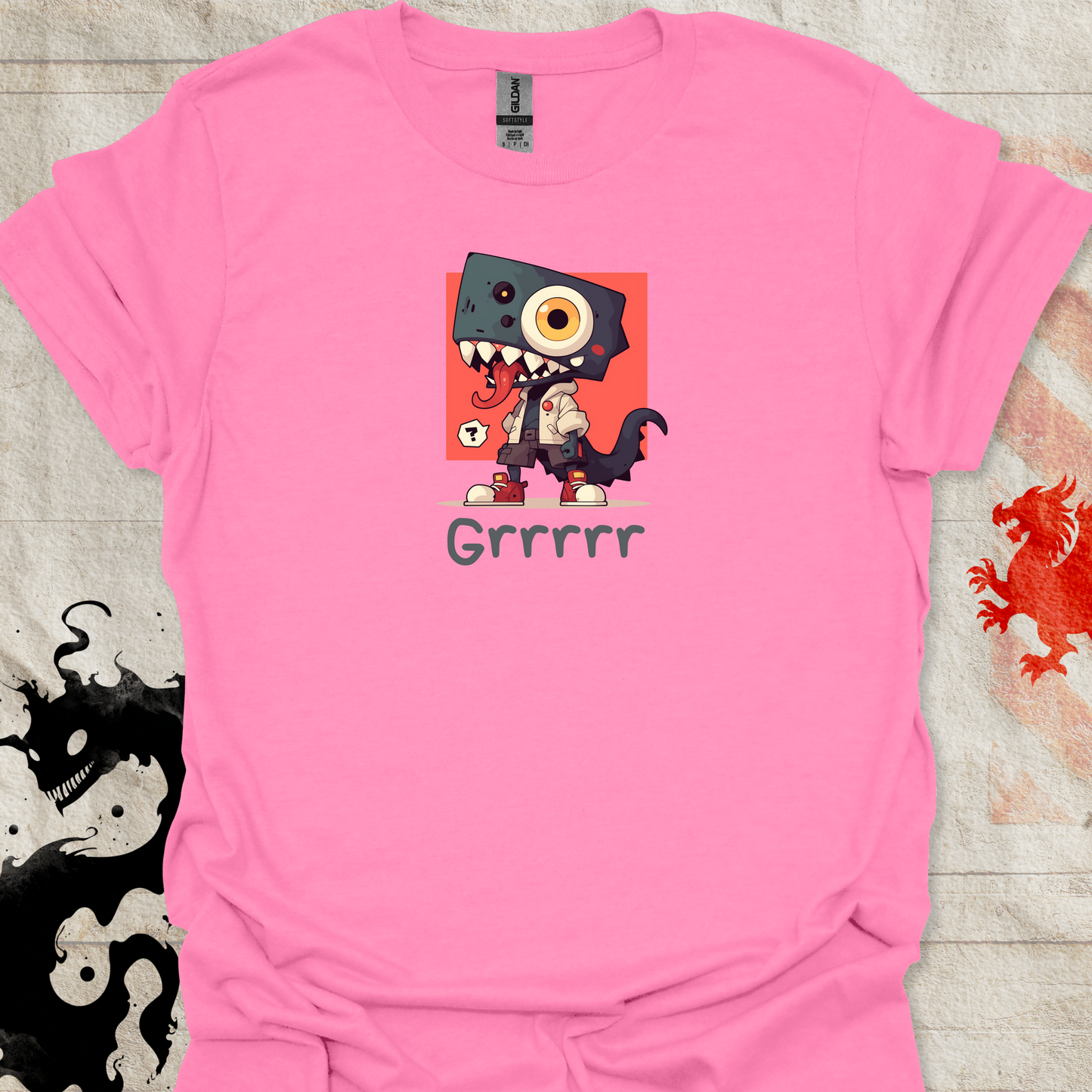 Azalea Pink Shirt of cute monster with the text Grrrr