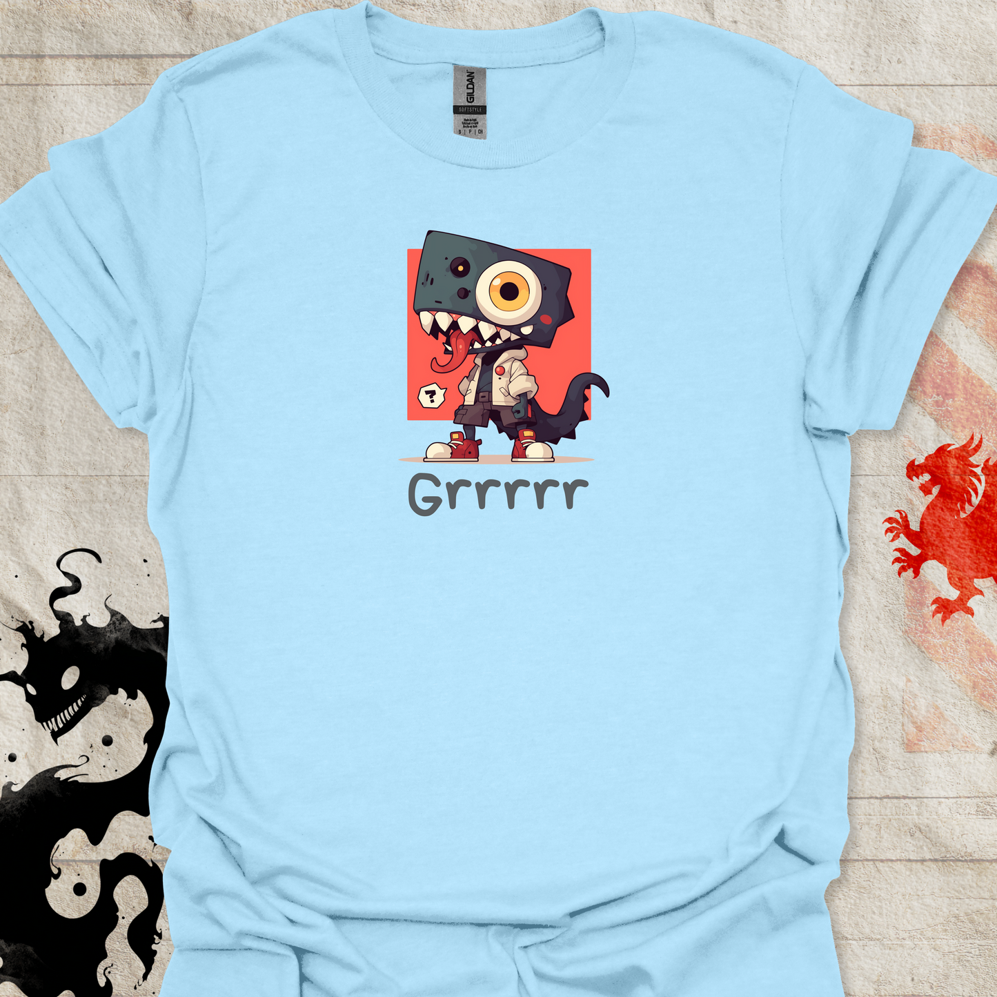 Light Blue Shirt of cute monster with the text Grrrr