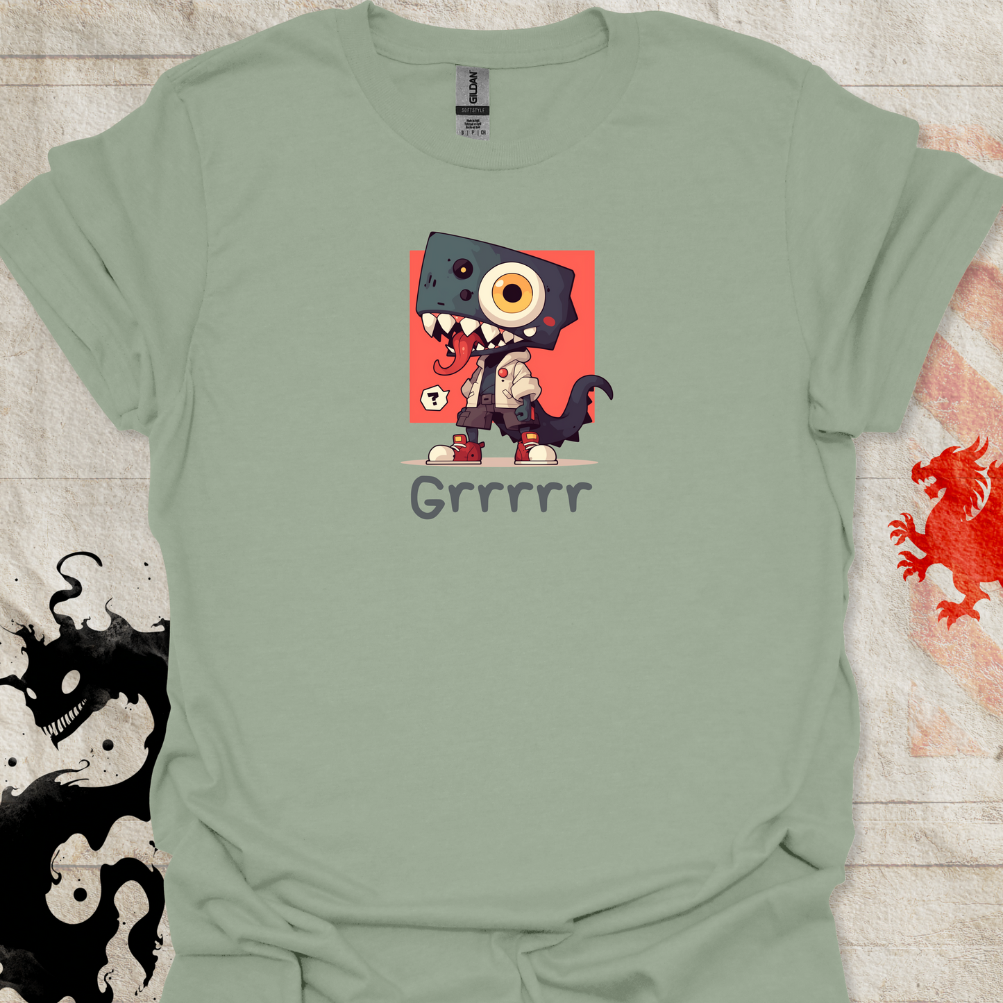 Green Sage Shirt of cute monster with the text Grrrr