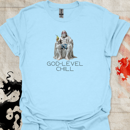 Light Blue Shirt of Marble statue of greek god with the text God-Level Chill