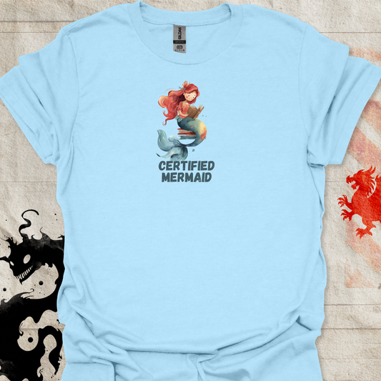 Light Blue tshirt of a cute watercolor mermaid with the text Certified Mermaid