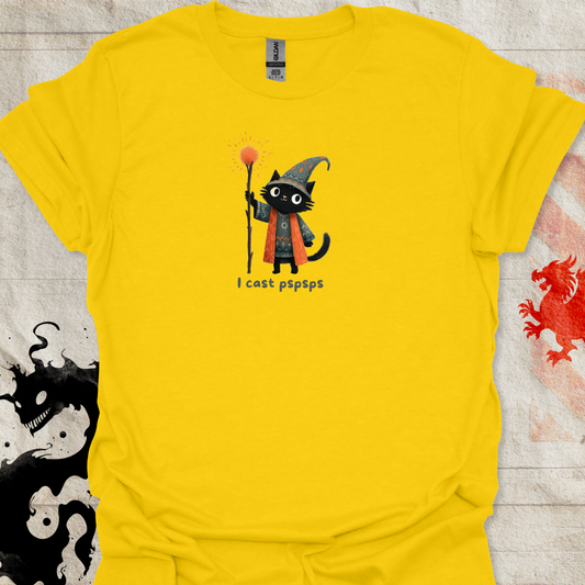Daisy Yellow shirt of cute wizard cat with the text I Cast pspsps