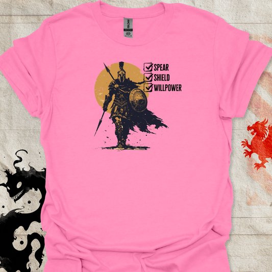 Azalea Pink tshirt of Spartan Warrior and the text "Spear. Shield. Willpower" with checkboxes