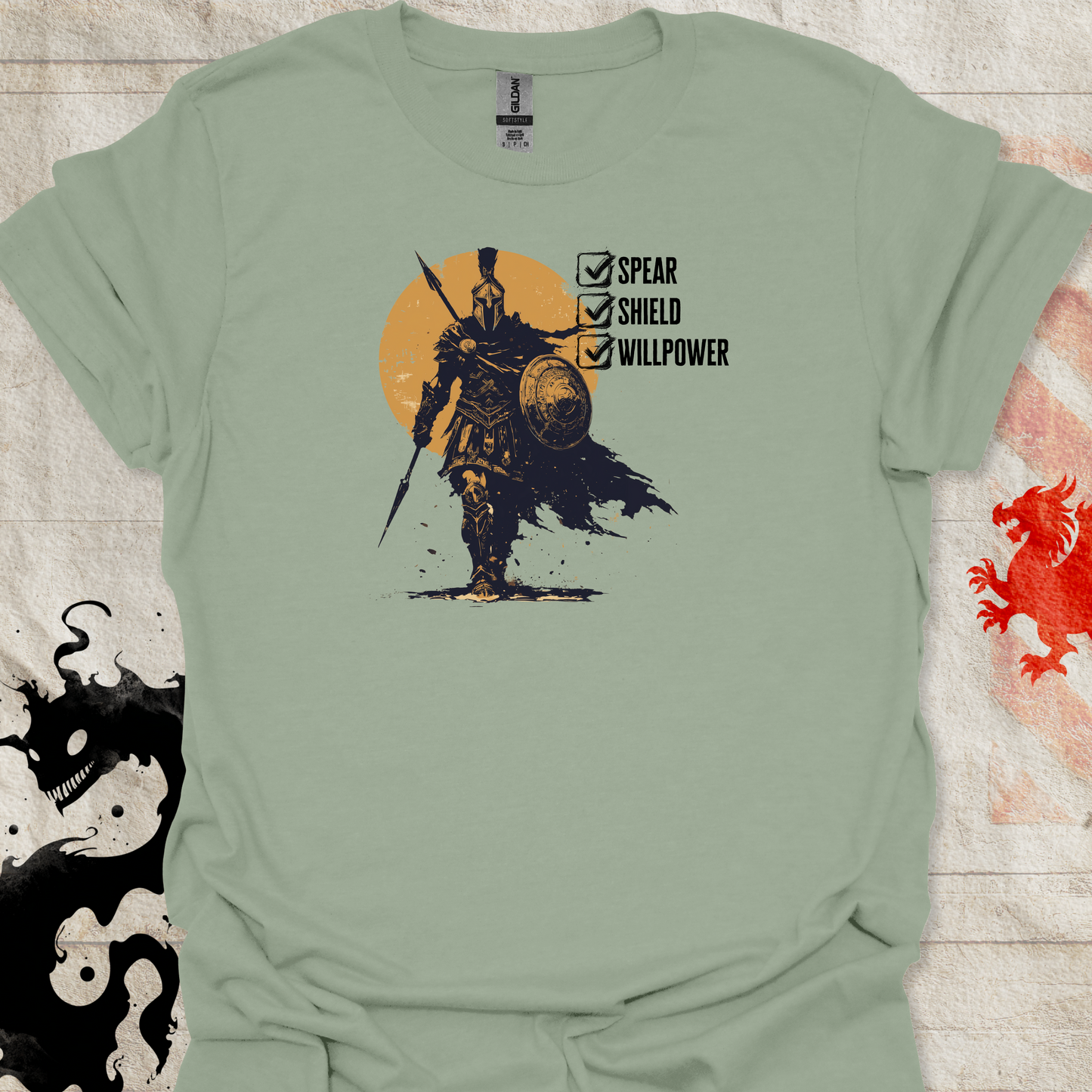 Sage Green tshirt of Spartan Warrior and the text "Spear. Shield. Willpower" with checkboxes